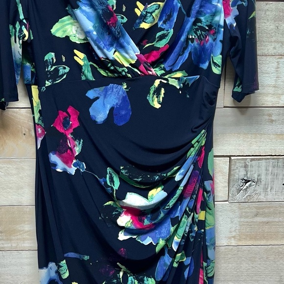 Lauren Ralph Lauren Dress Womens 14 Blue Floral V Neck Half Sleeve Stretch - Picture 5 of 11